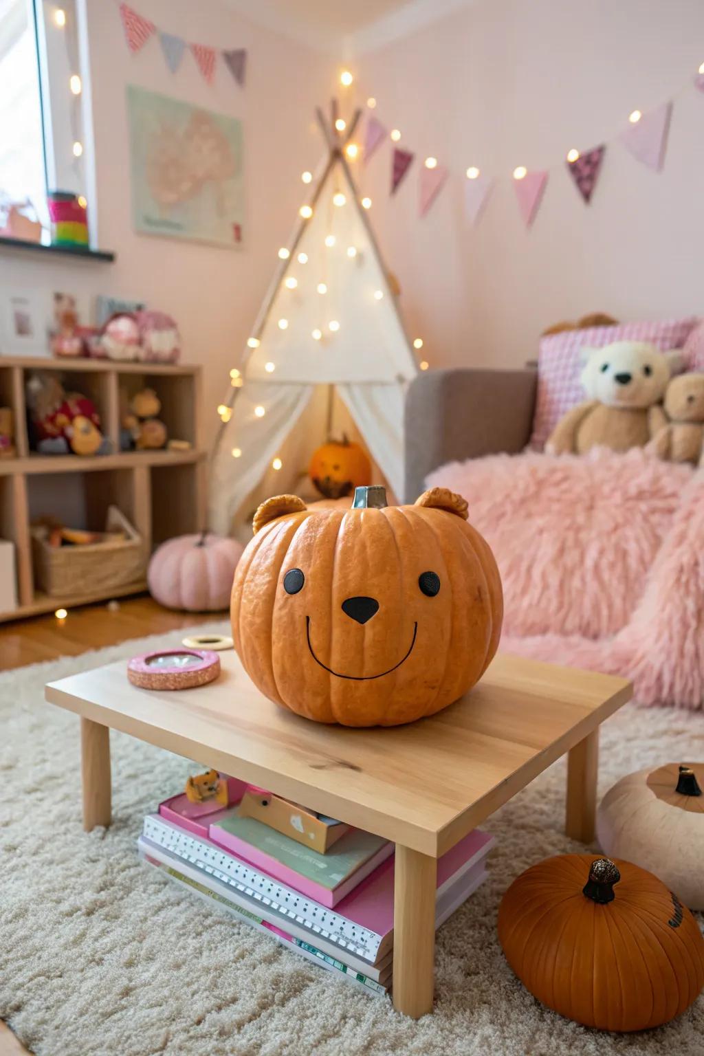 An adorable teddy bear pumpkin perfect for a child's space.