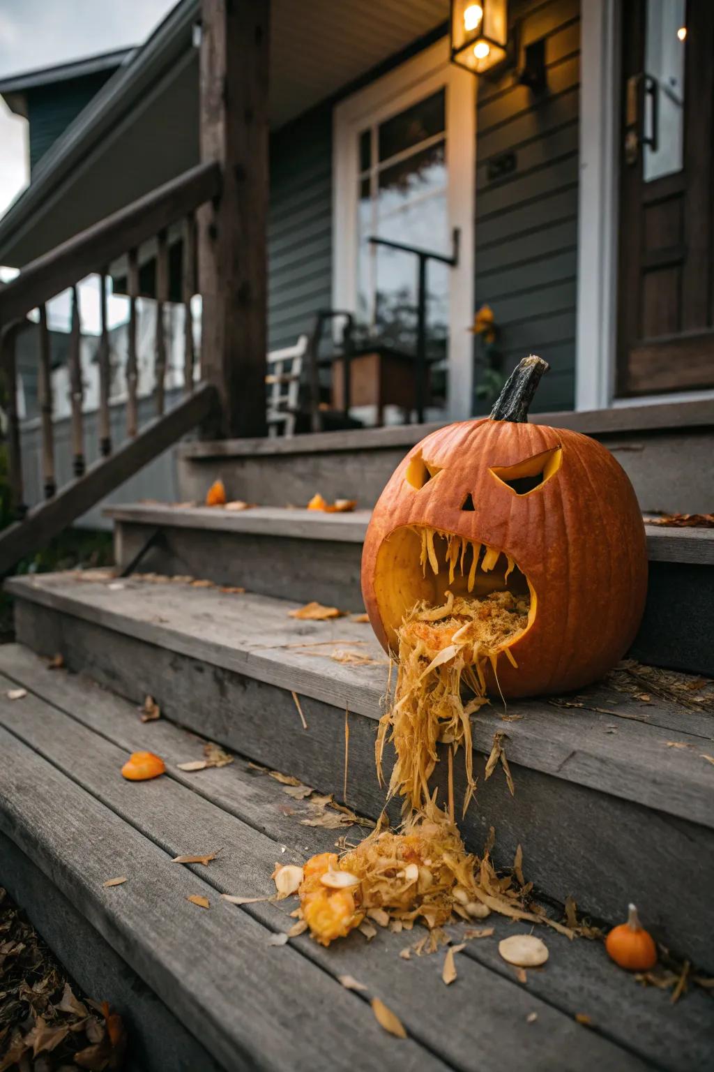 A wig pumpkin introduces a humorous twist to your Halloween decorations.