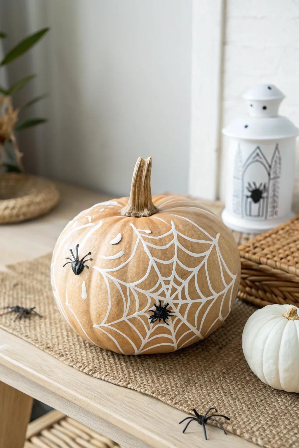 Design an elegantly eerie ambiance with delicately painted spider webs on your pumpkin this Halloween season.