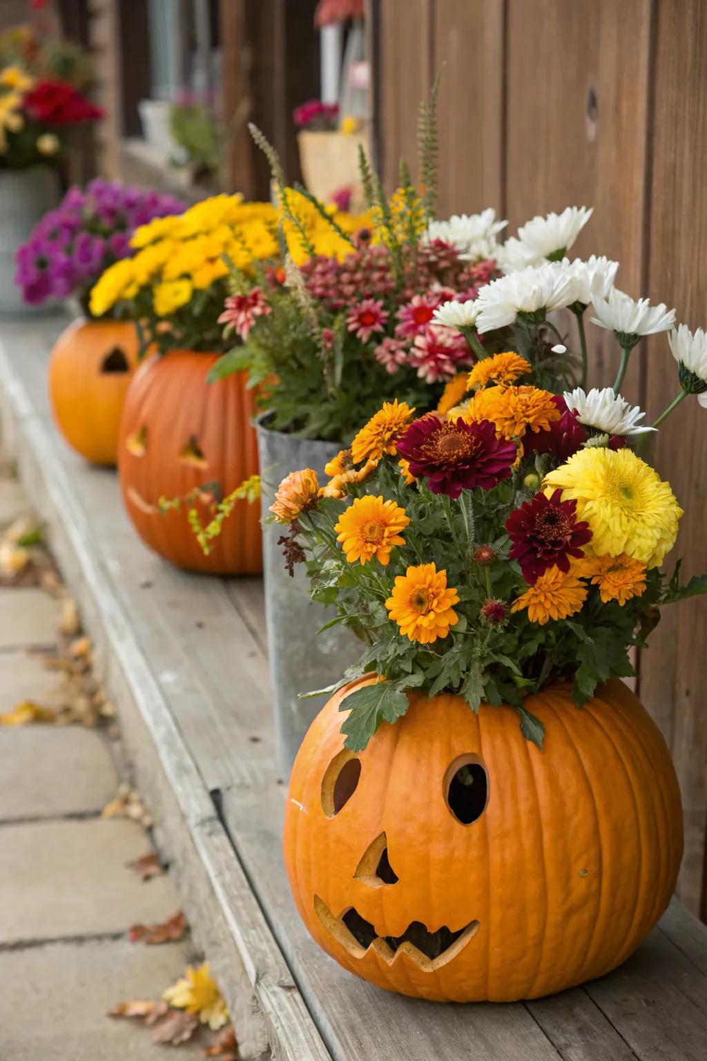 Gourds creatively used as containers for a stunning floral display.