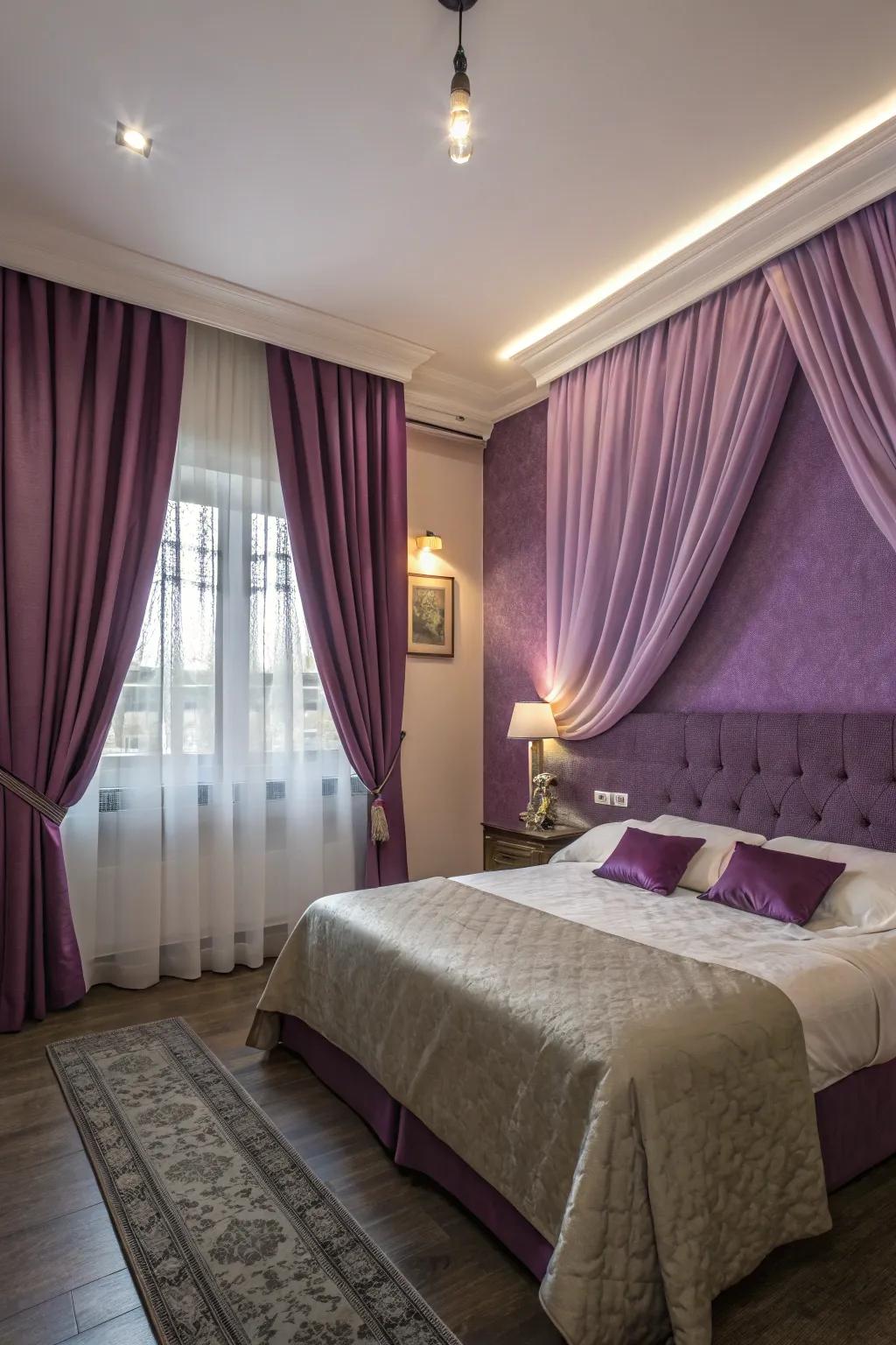 Elegant curtains adding elegance to violet walls.