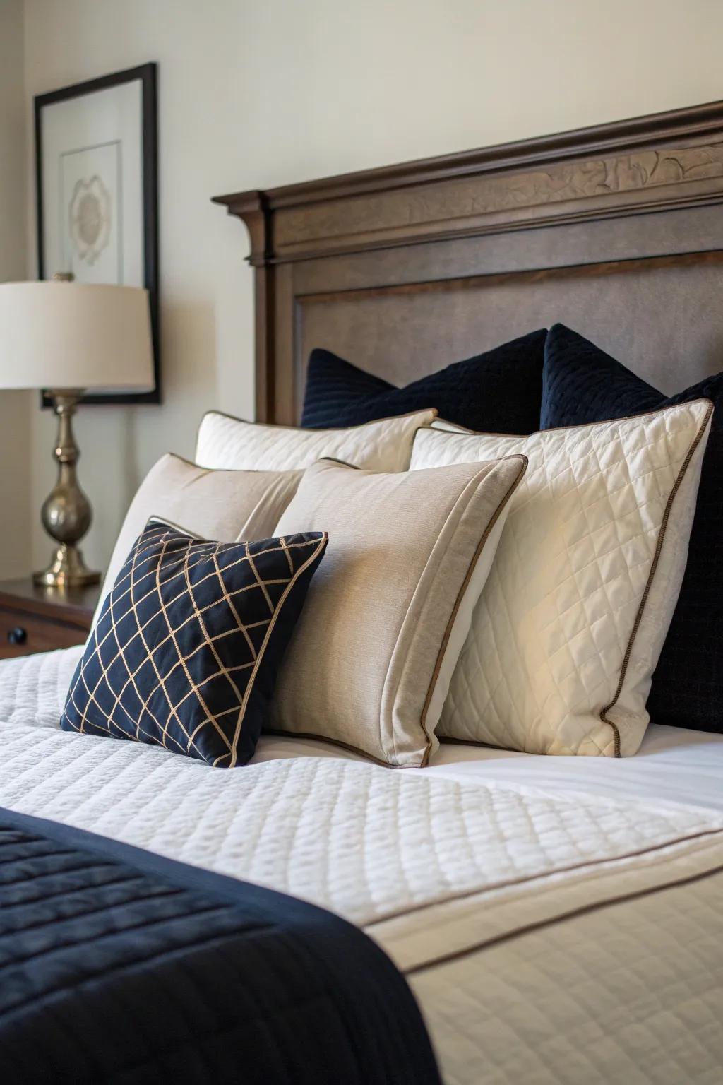 Dark and light pillows create a timeless classic contrast.