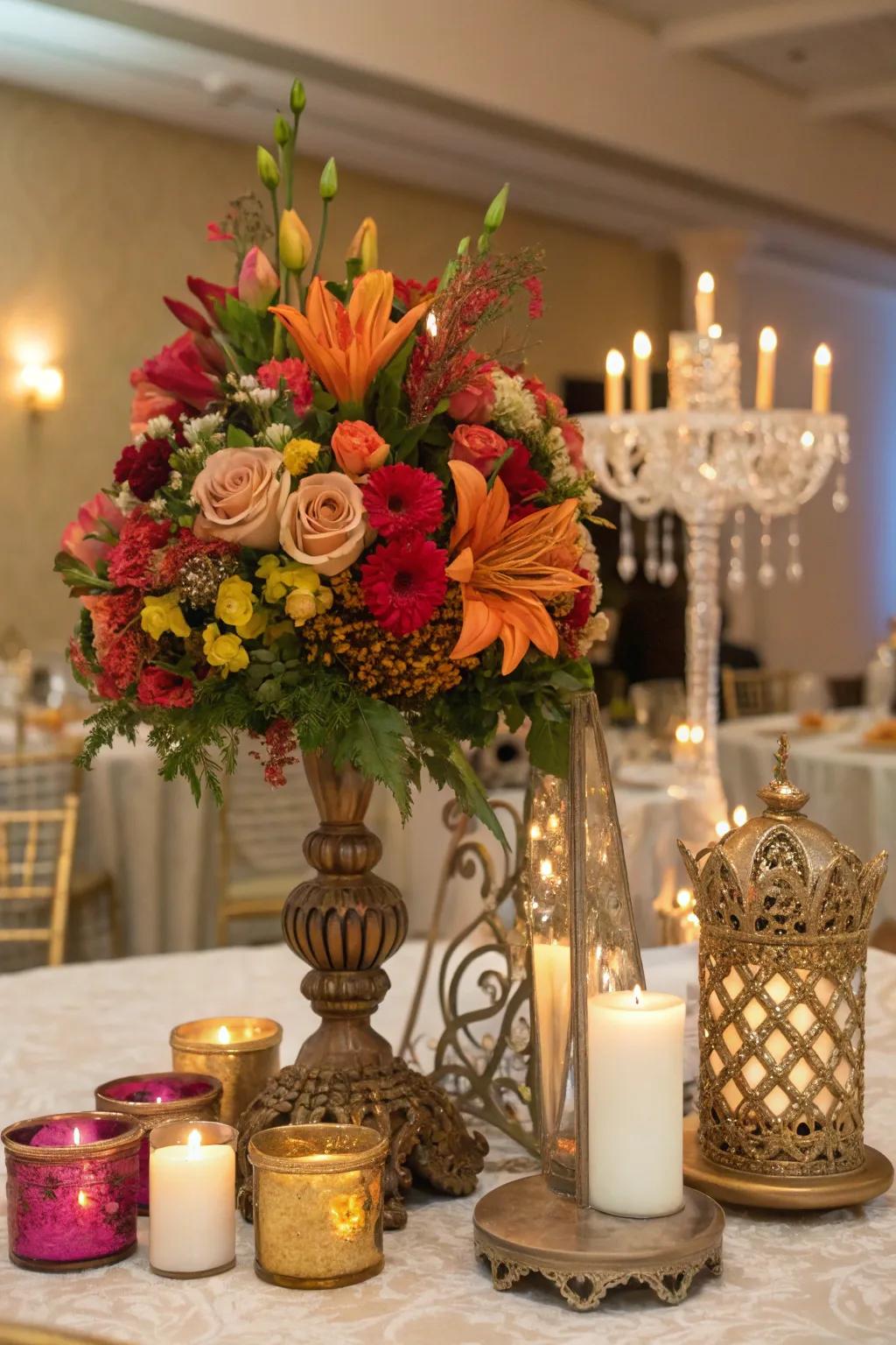 Ornate centerpieces enhance table elegance.