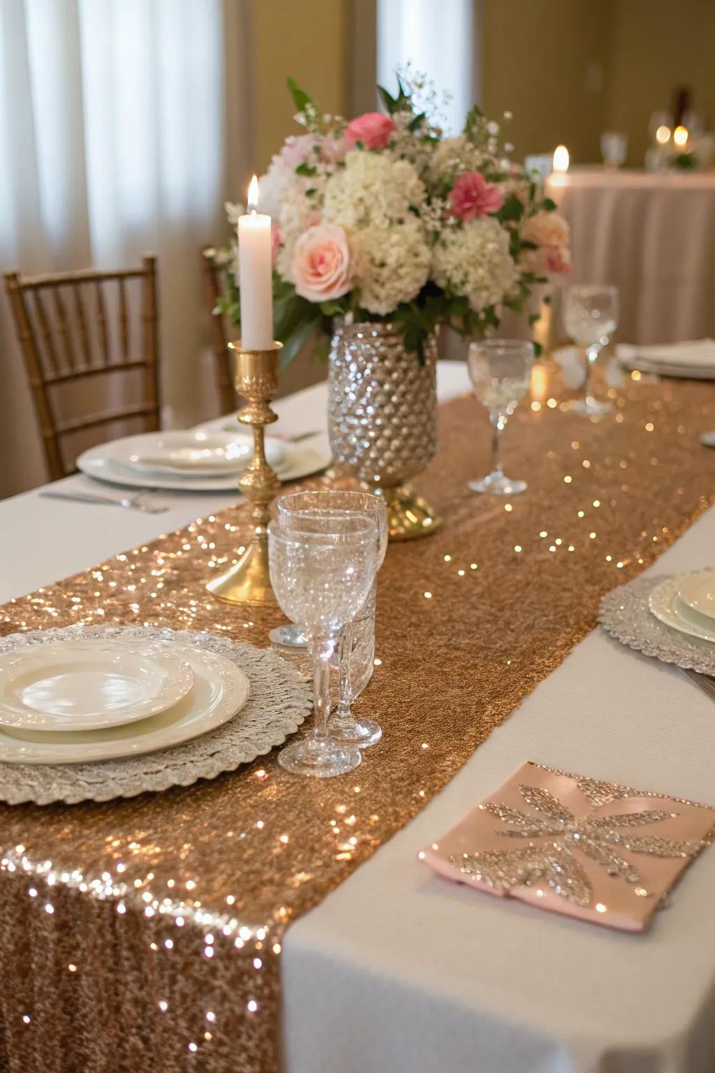 Glamorous table runners infuse shimmer and sophistication.