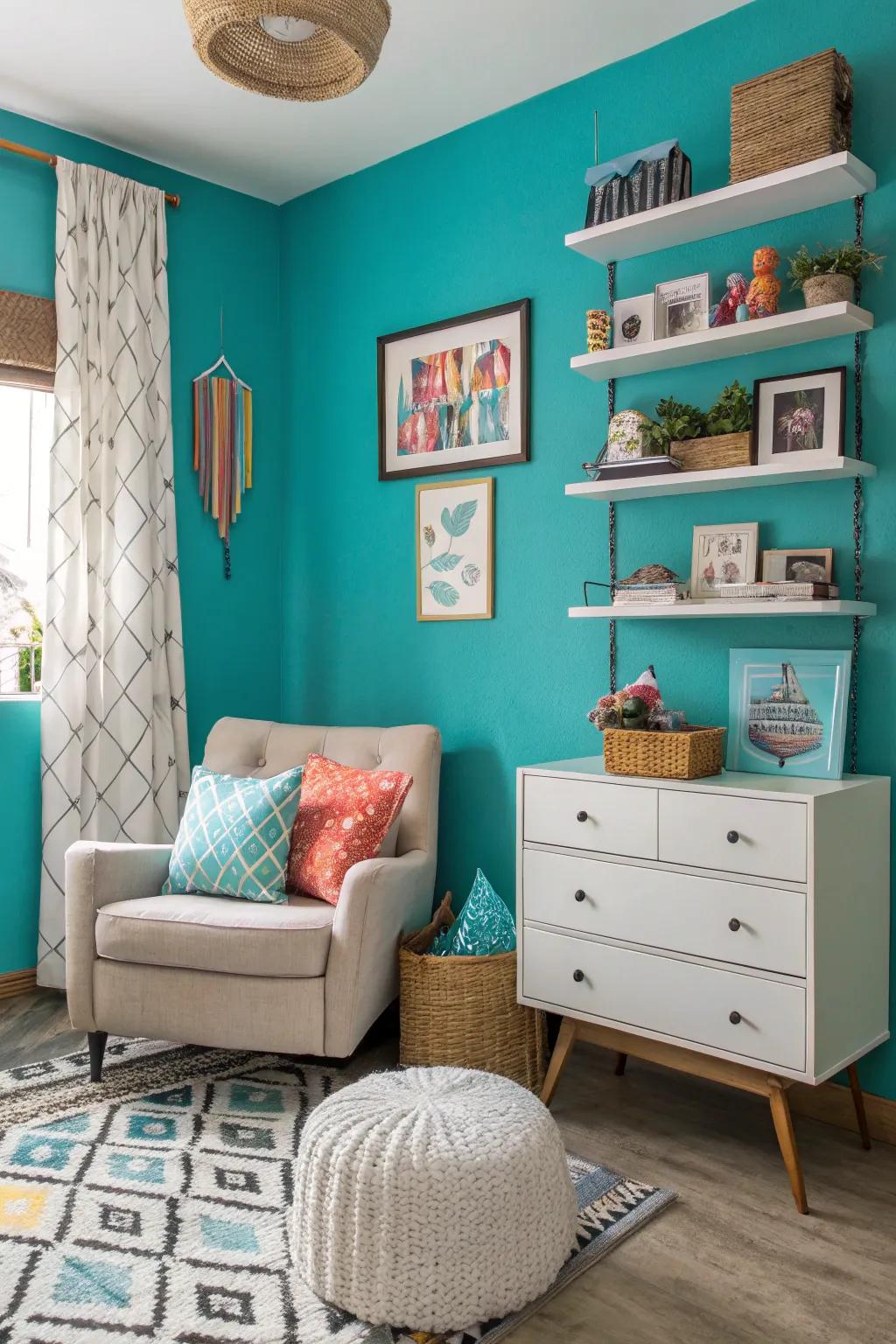 A space with a bold turquoise wall as a happy space.