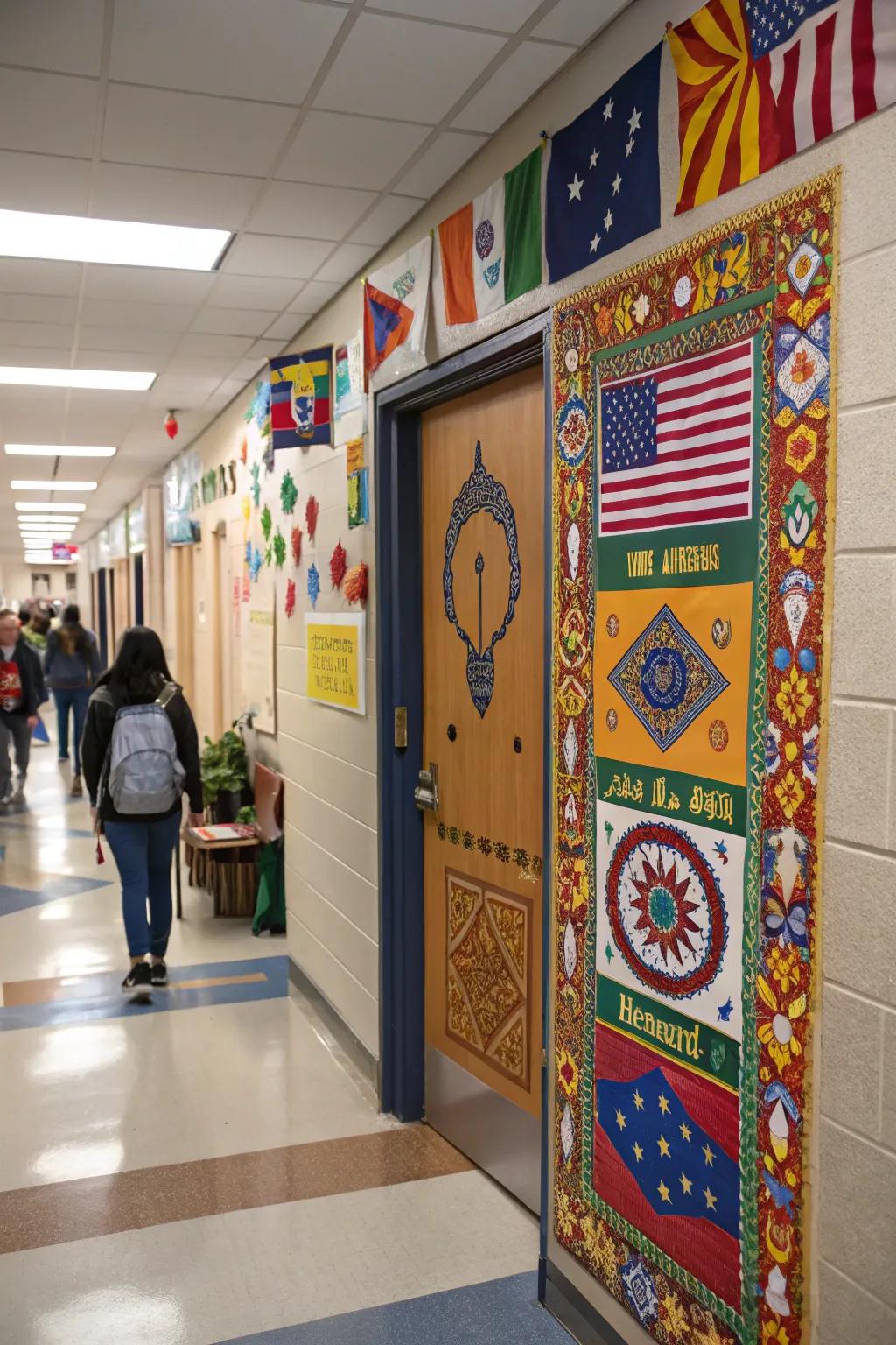 Celebrate diversity with cultural-themed door decorations.