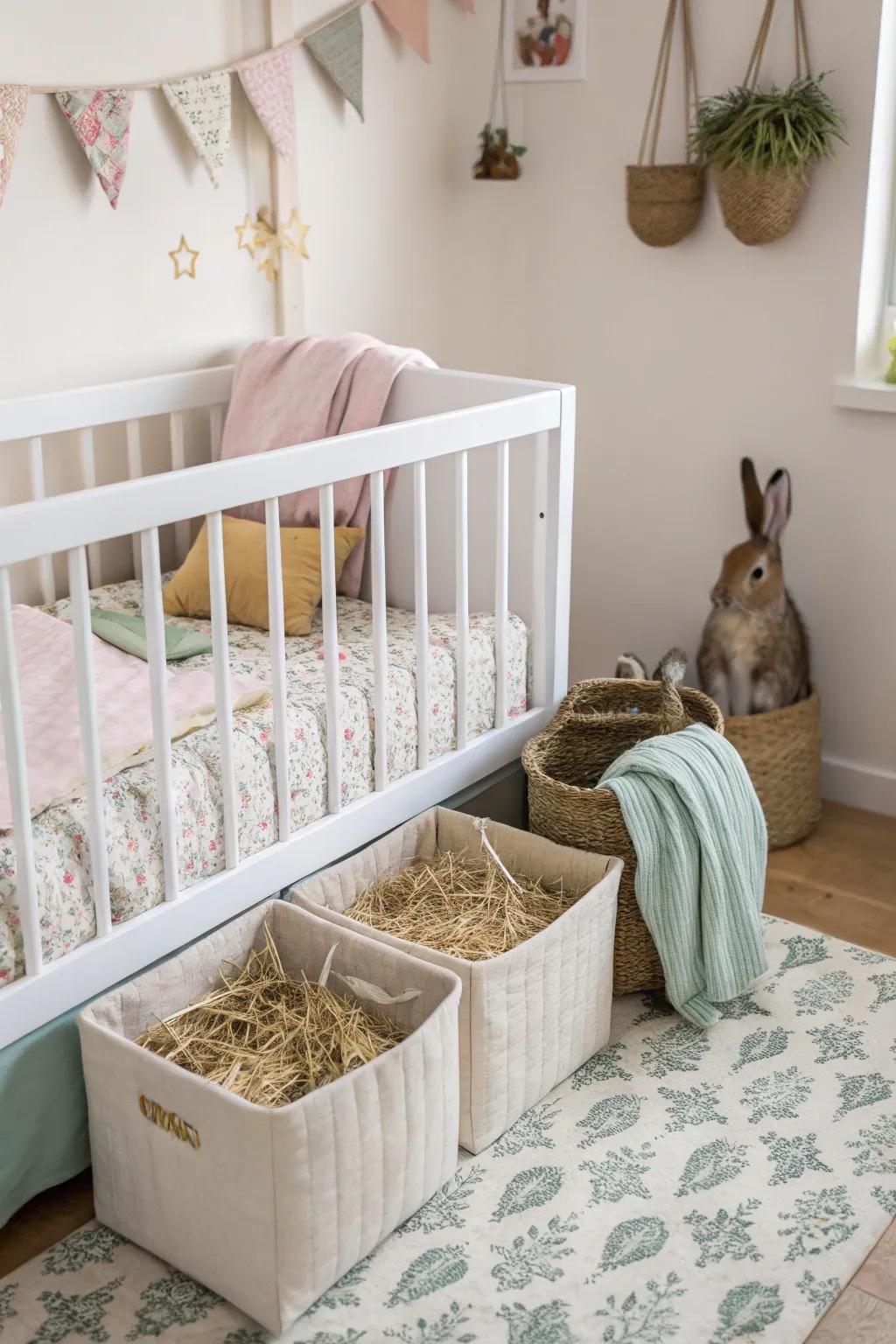 Under-toddler bed stash optimizes space for rabbit hay.