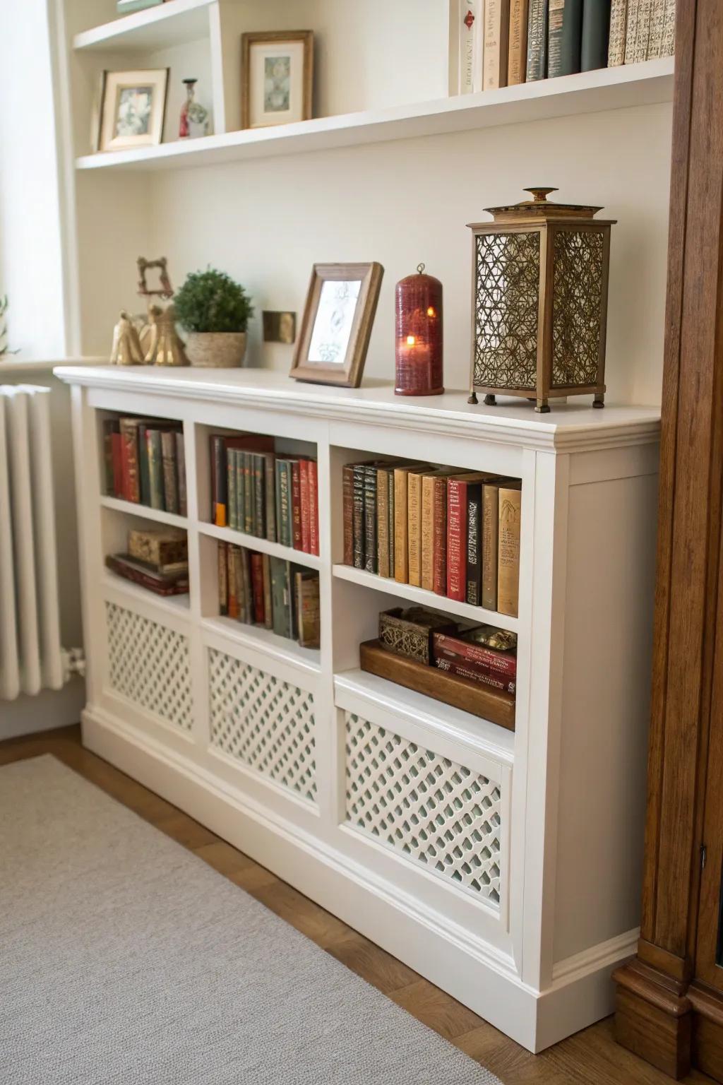 A radiator enclosure featuring integrated shelving is both practical and chic.