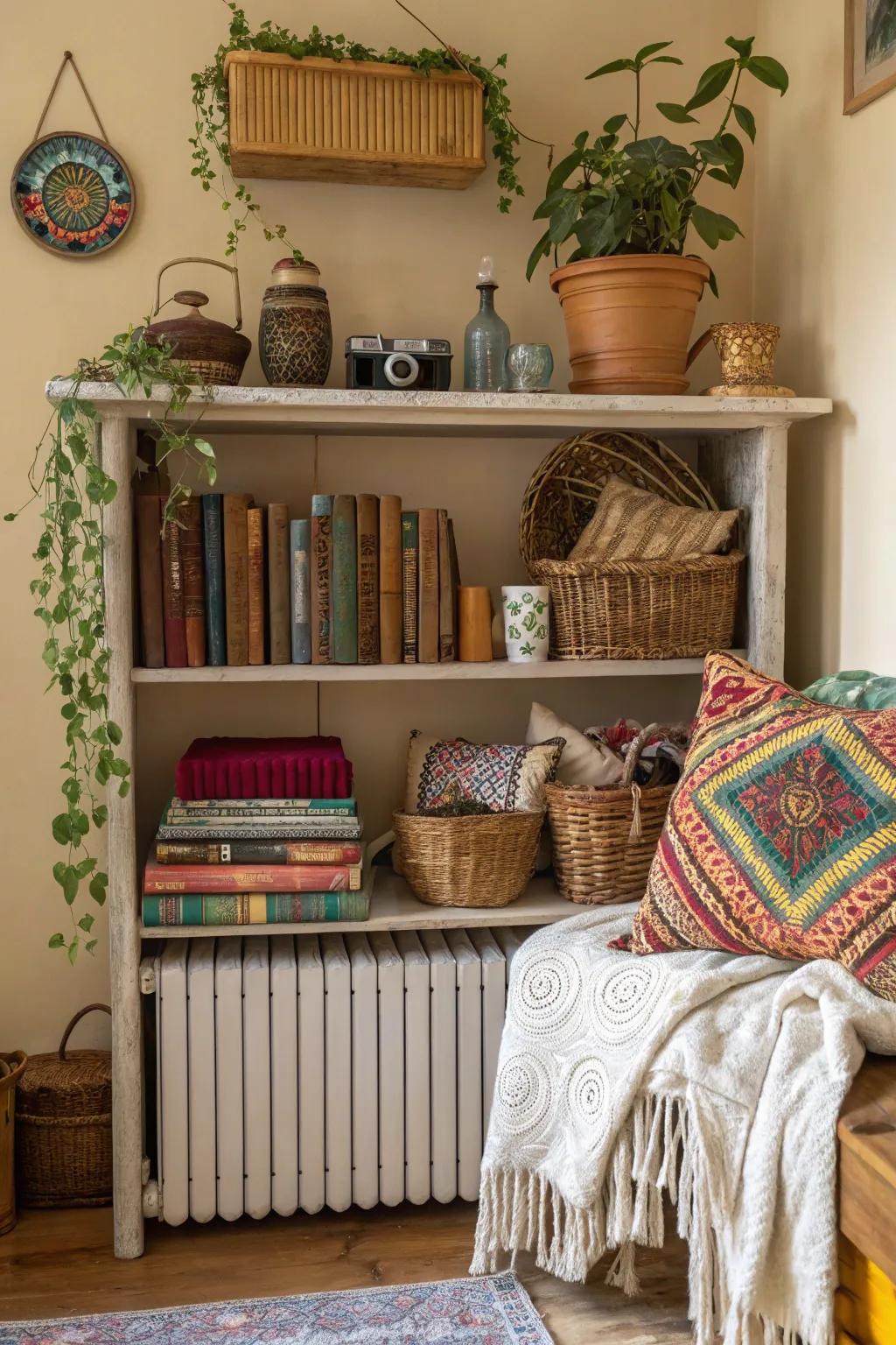 Conjure a bohemian oasis using a radiator shelf abundant with textures and tonal depth.