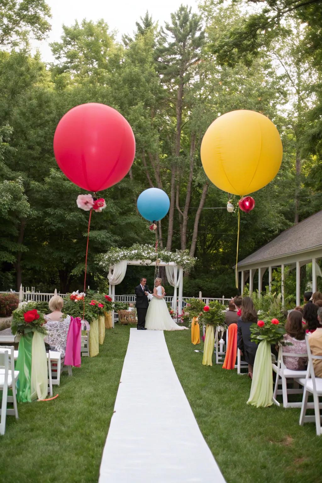 A garden wedding is elevated with giant rainbow spheres, spreading smiles and color.