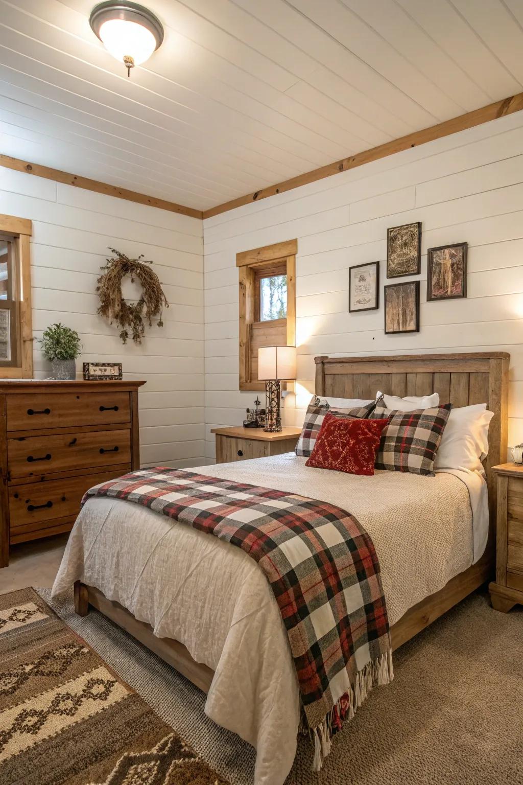 A bedroom showcasing horizontally paneled walls and countryside design elements.