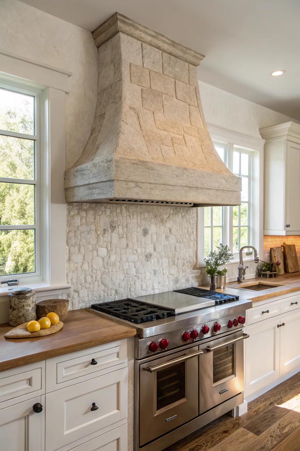 A kitchen with natural stone vent hood and splash guard for an organic, timeless appeal.