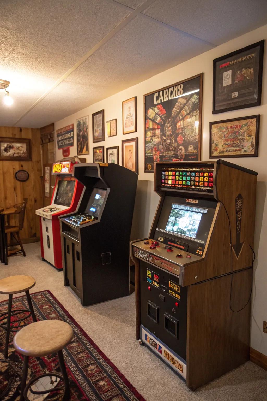 A vintage arcade corner adds nostalgic charm.