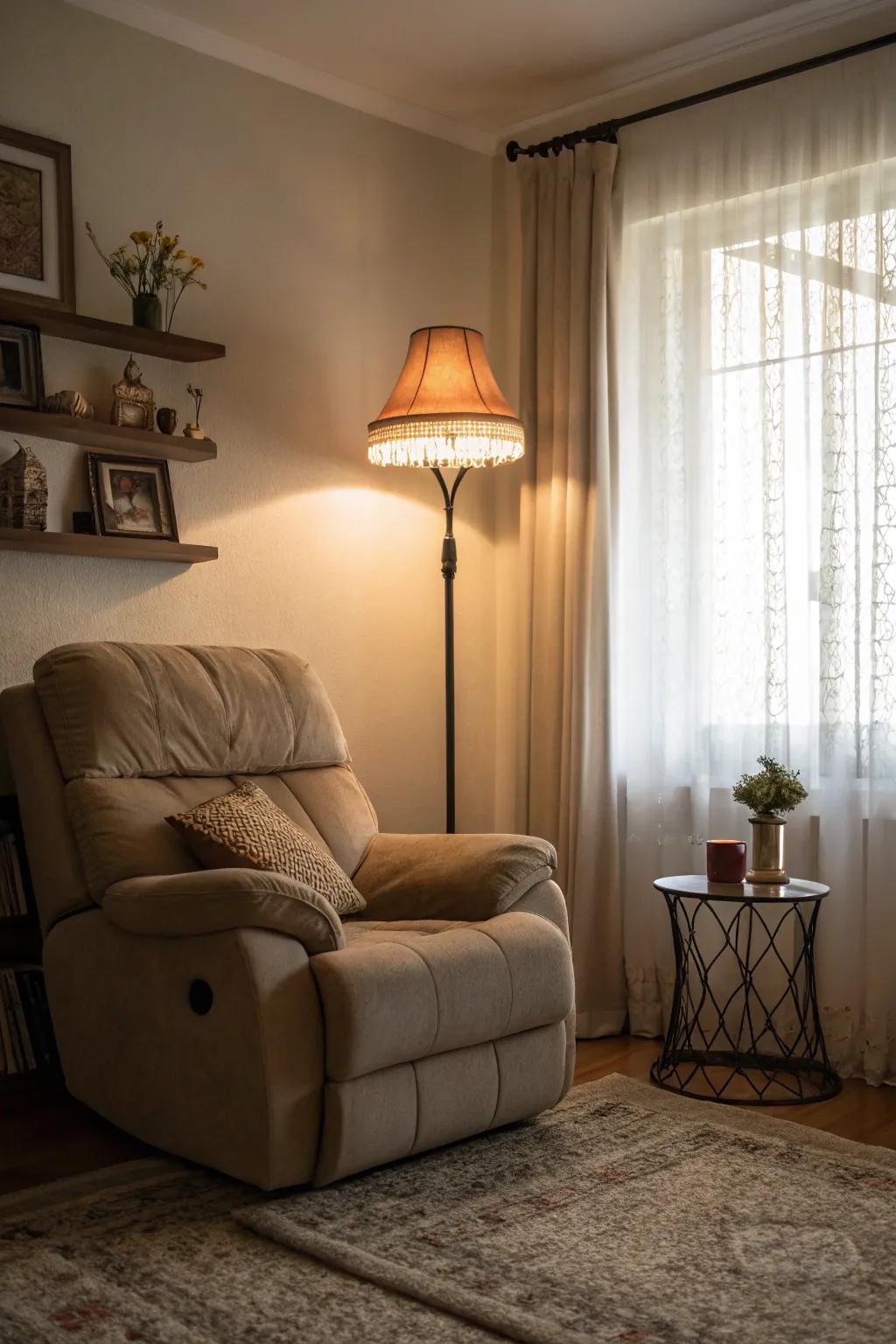 An inviting living space with a floor lamp enhancing the area around the reclining sofa.