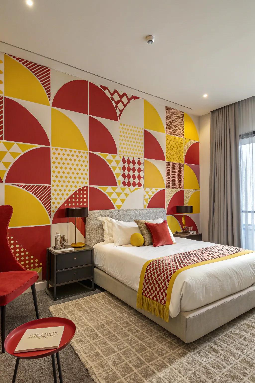 Geometric wall art integrates a contemporary and vibrant style to this bedroom.