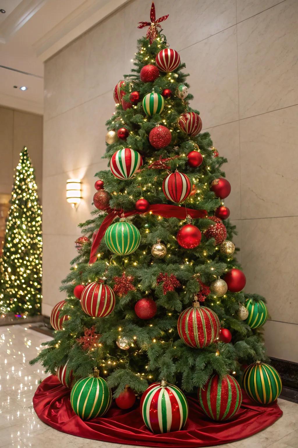 Banded ornaments introduce a playful alteration to this traditional tree.