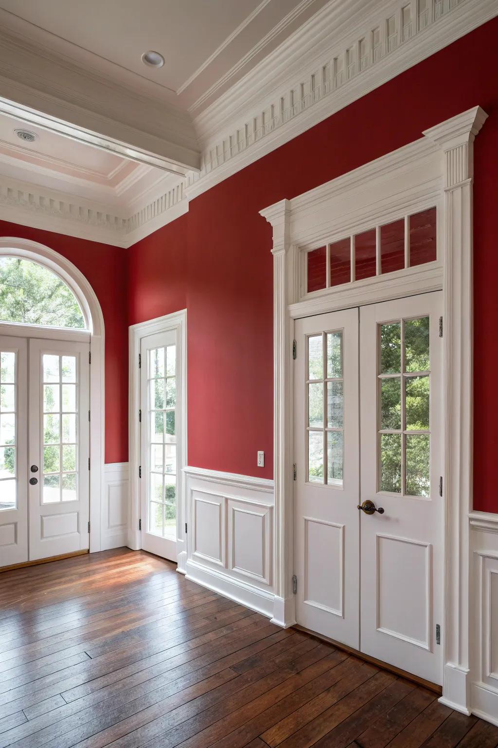 White millwork provides a crisp contrast to the daring crimson walls.