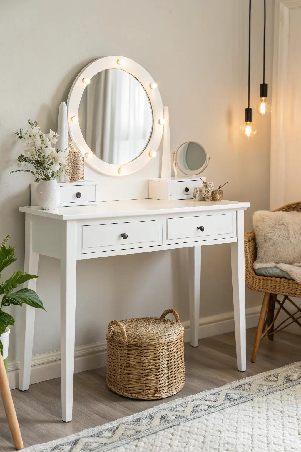 Embrace the elegance of simplicity with this timeless, minimalist makeup vanity.