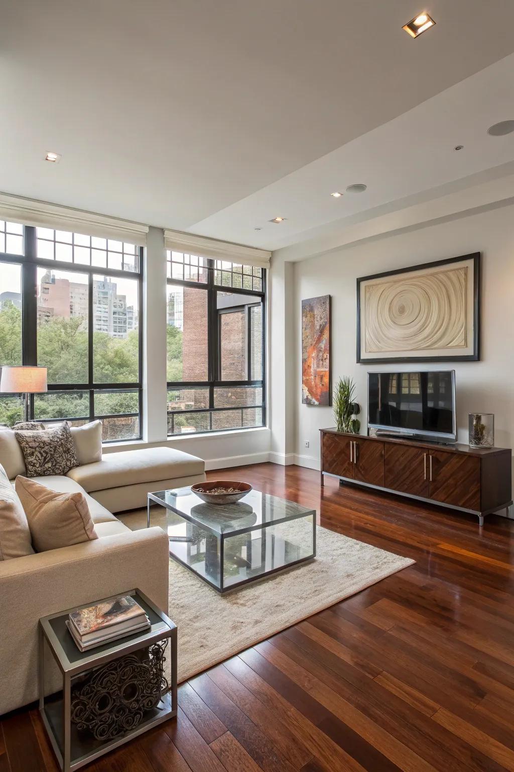 A sleek living room that&rsquo;s showing off some polished hardwood floors.
