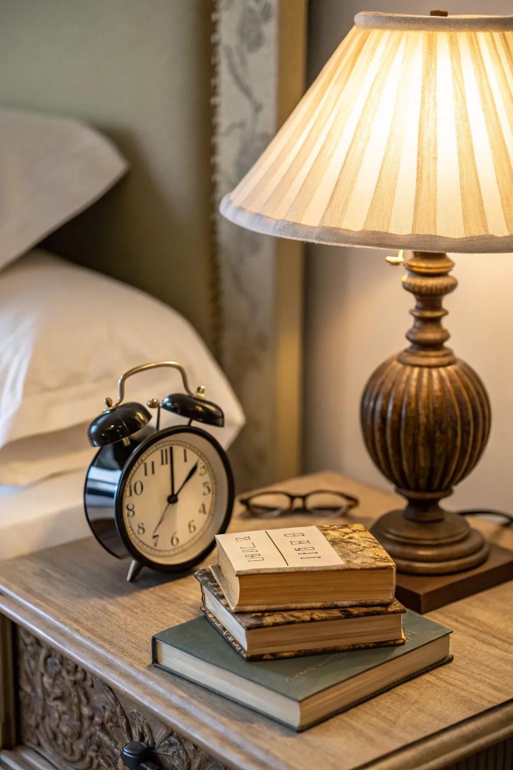 Quirky charm with a retro alarm clock.