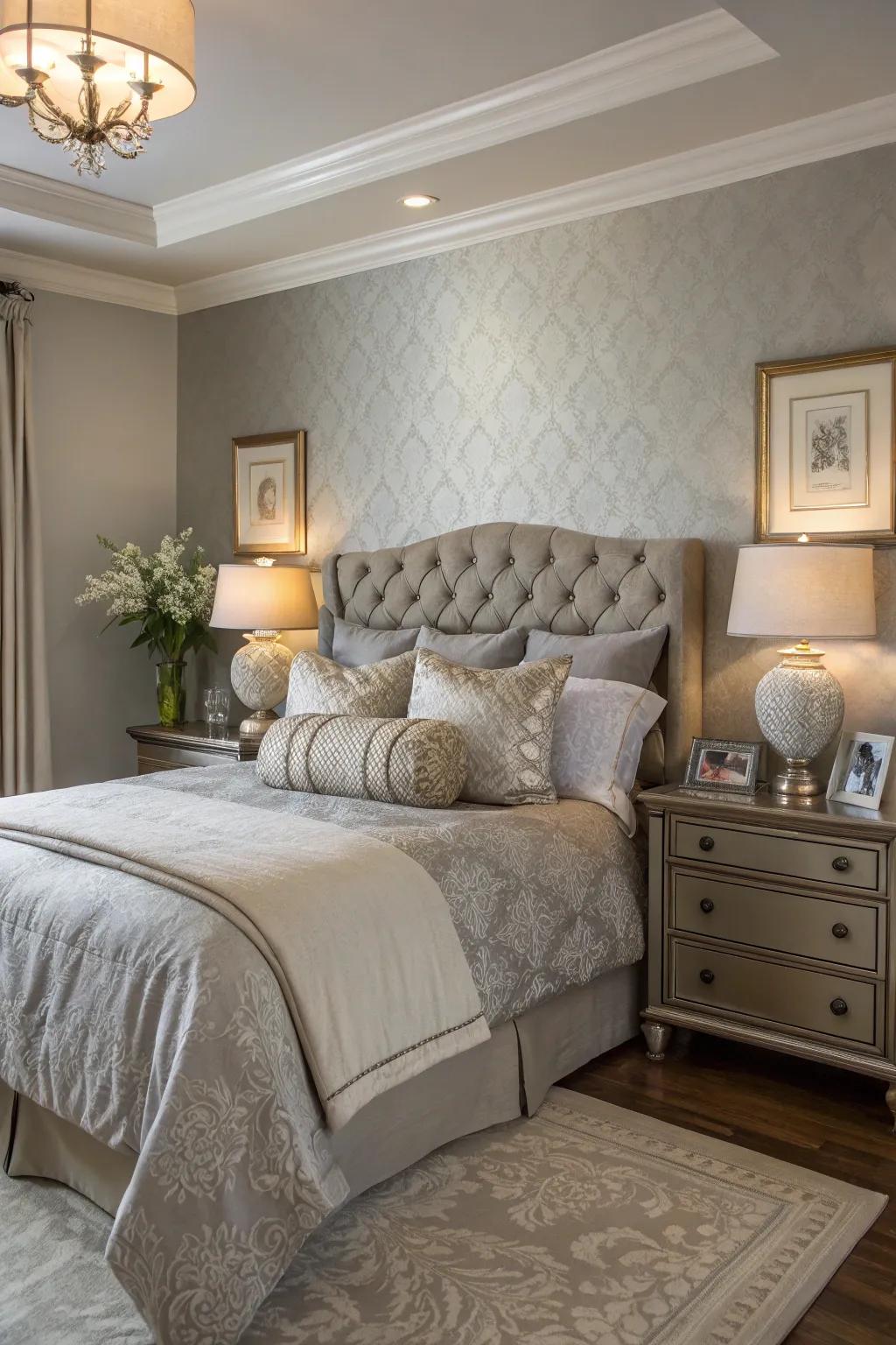 Luxurious bedding complements the restful tones of Gentle Gray.