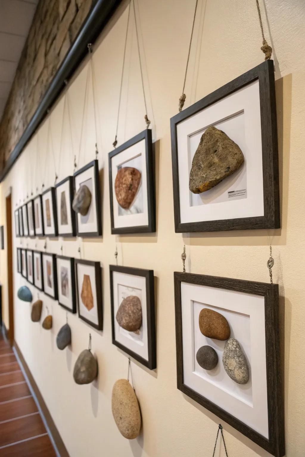 Hanging frames turning stones into wall art