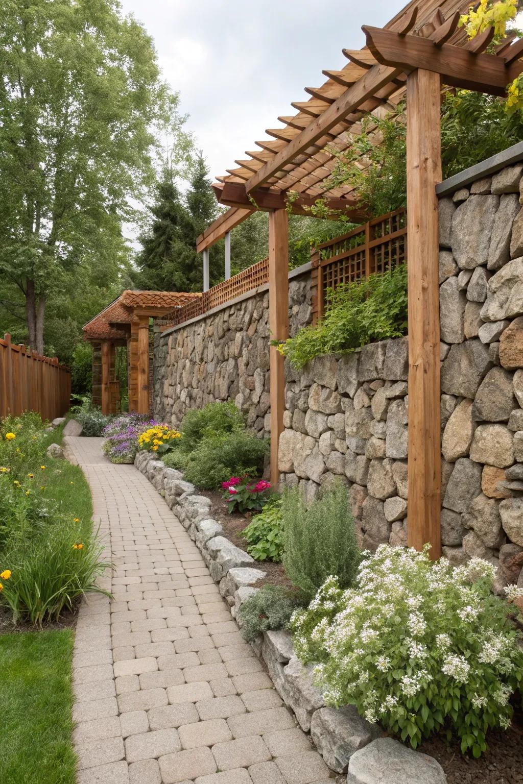 Combined elements like timber and stone create an eclectic garden charm.