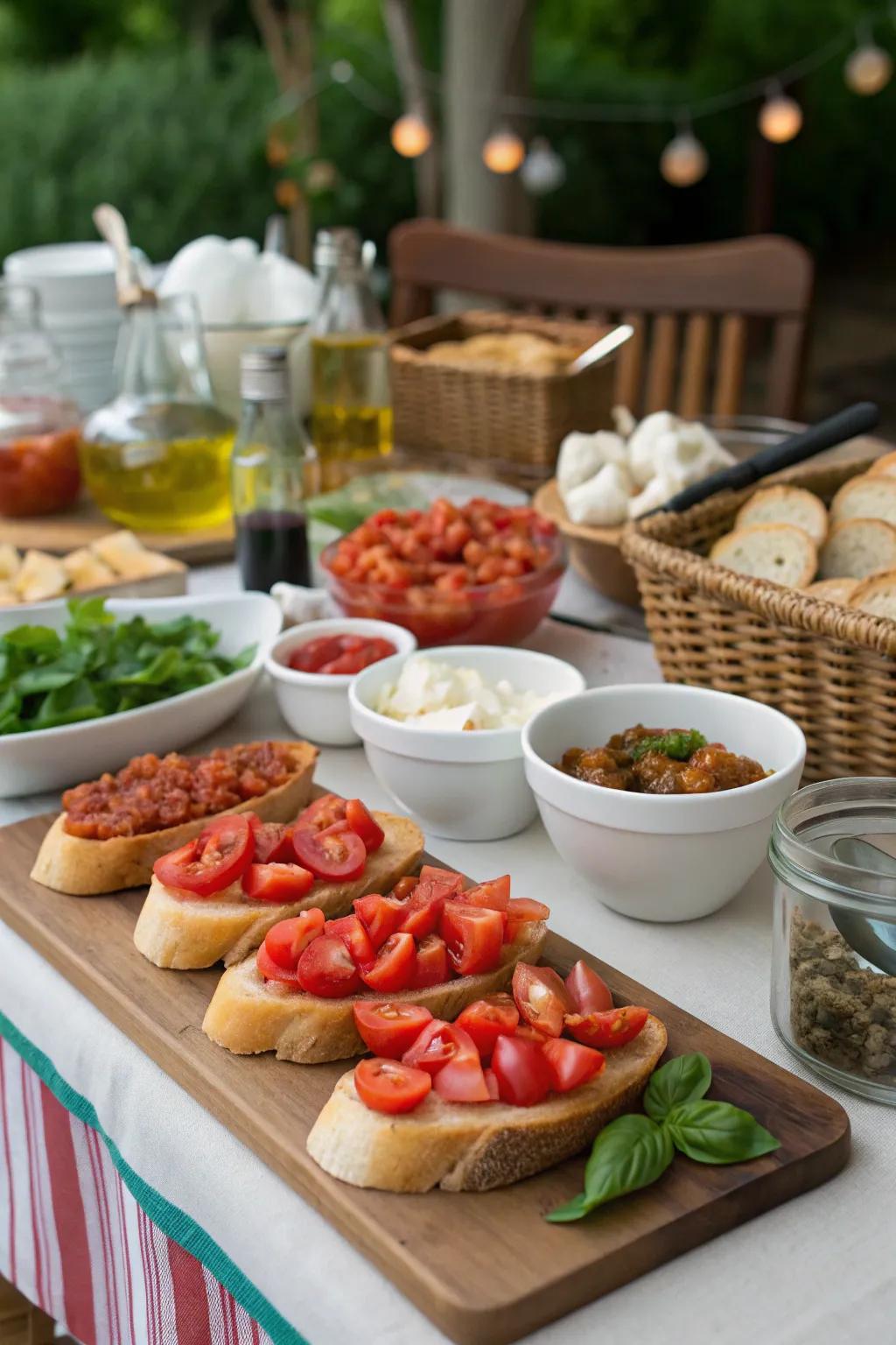 Kick off the evening using interactive appetizers such as a self-serve bruschetta setup.