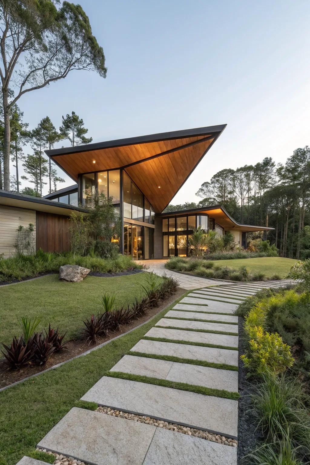 Reversed-slope roofs merge dramatic beauty with usefulness.