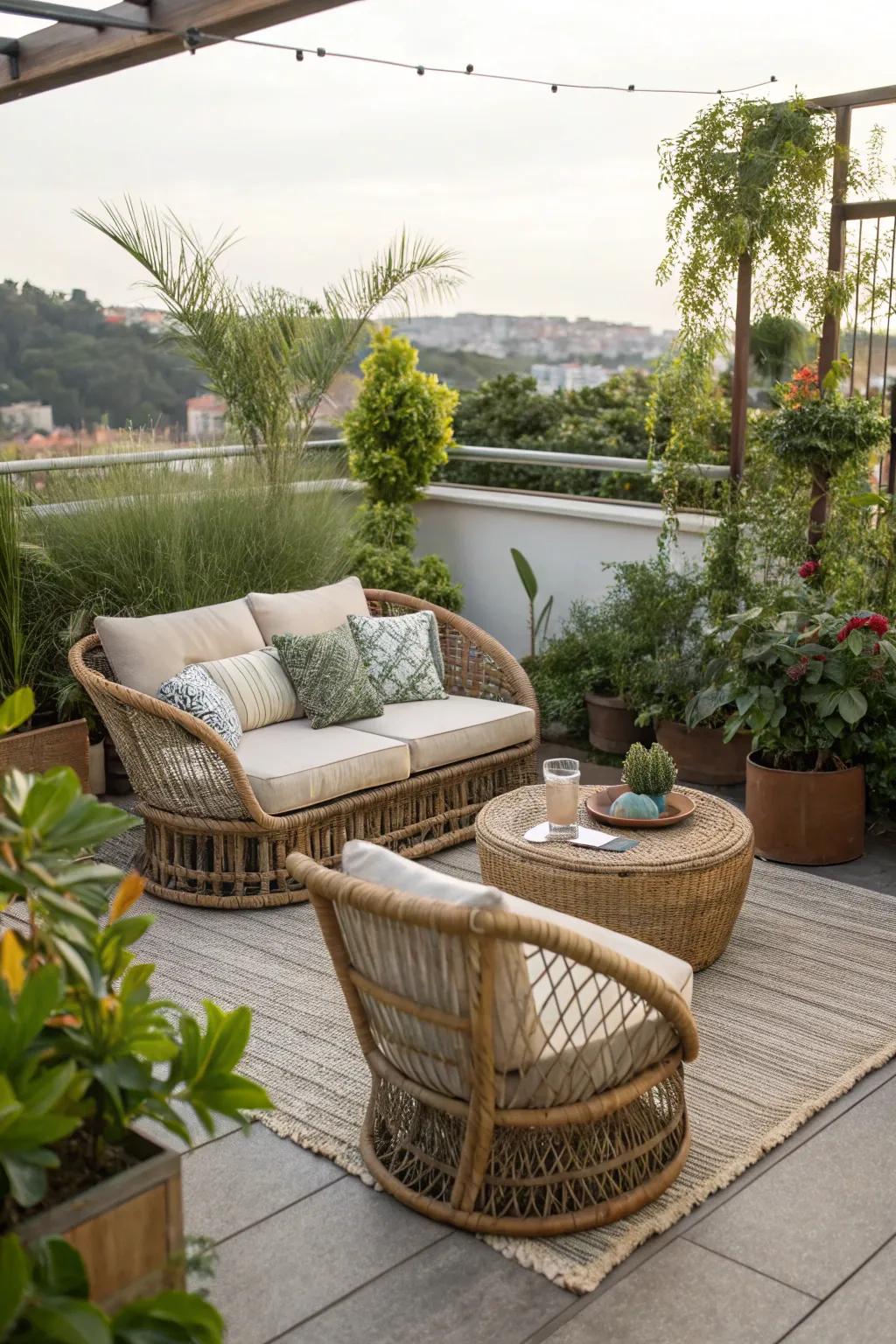 Wicker furniture adds a bohemian touch to a rooftop escape.