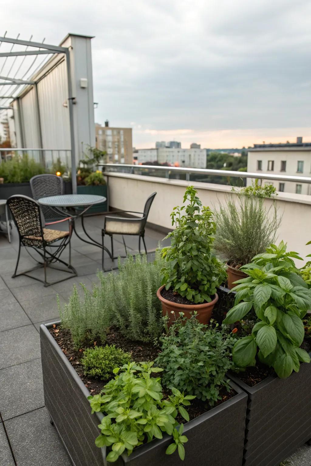 A miniature herb garden injects practicality and aroma into your rooftop setting.