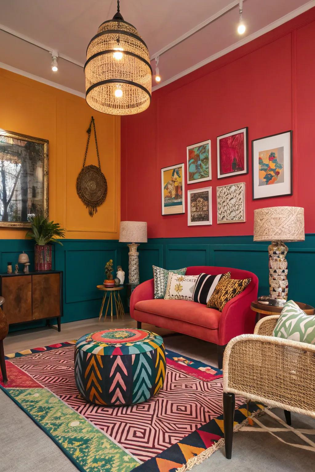 A vibrant room with bold and dynamic color choices.
