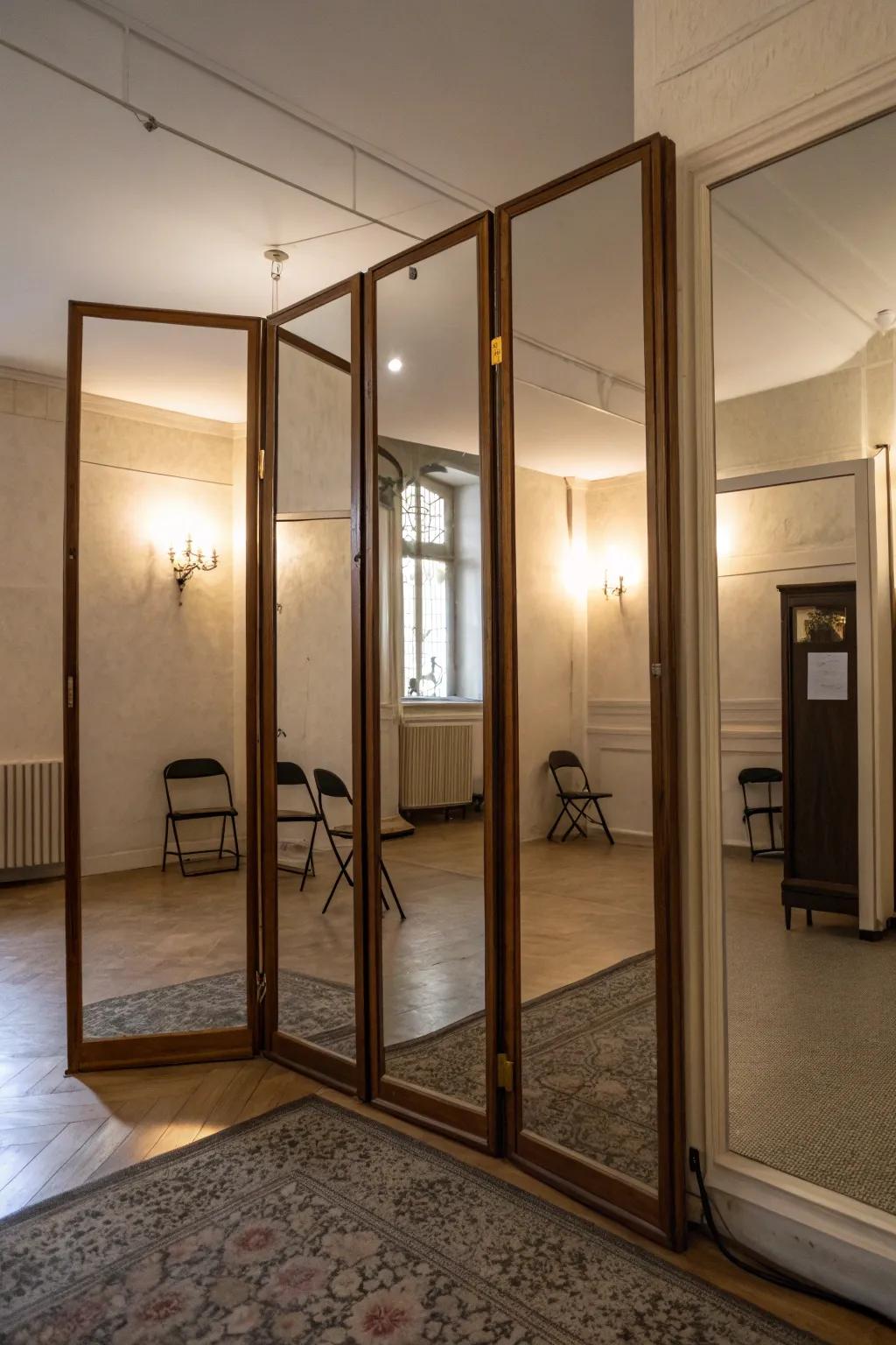 Mirrored screens are a fashionable choice for amplifying depth and light in your room.