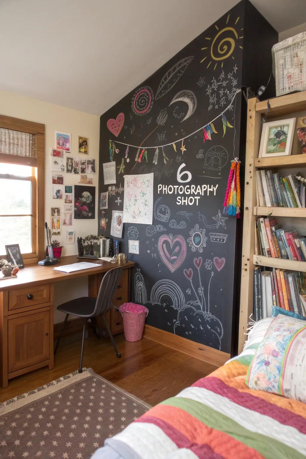 A chalkboard wall adds a playful and interactive element.
