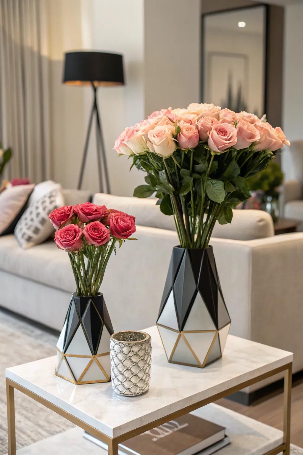 Modern revamping by way of roses nestled inside geometric vessels.