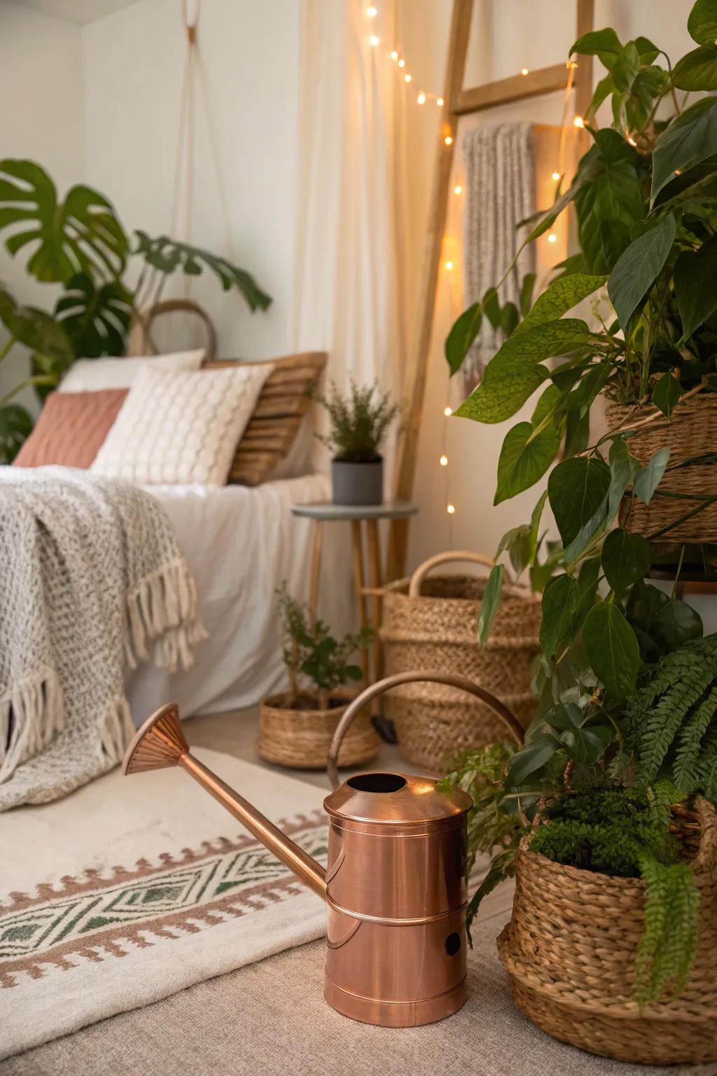 A boho plant corner elevated with the subtle elegance of rose gold.