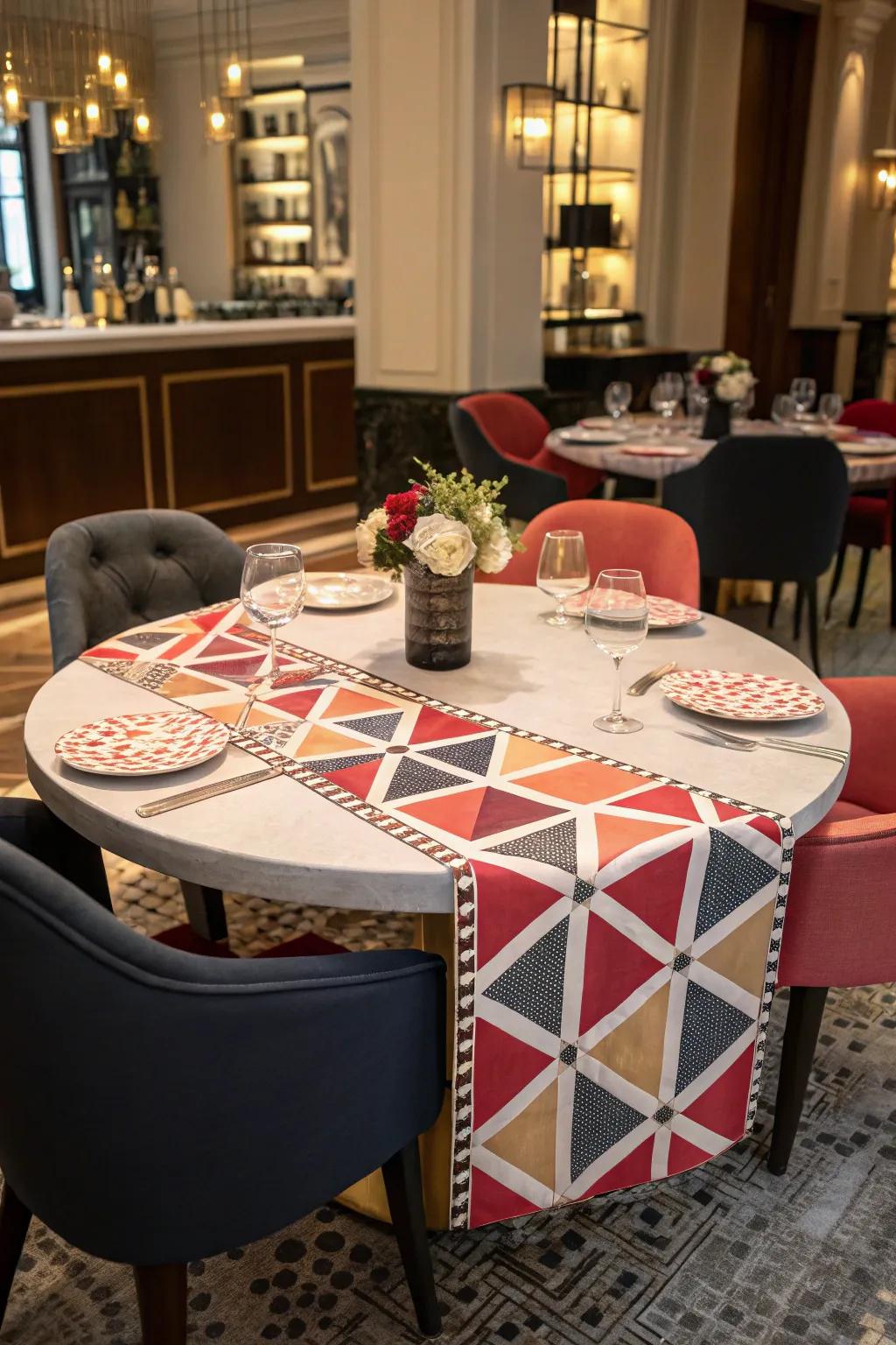 Geometric patterns infuse modern vitality into table arrangements.