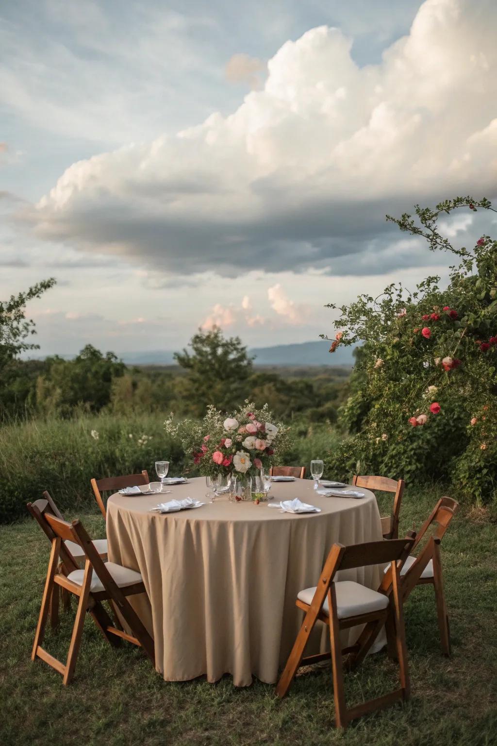 Table covering in earthy tones blending with natural surroundings.
