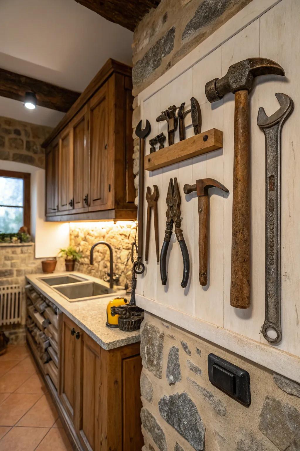 Old tools add a playful feeling to countryside decor.