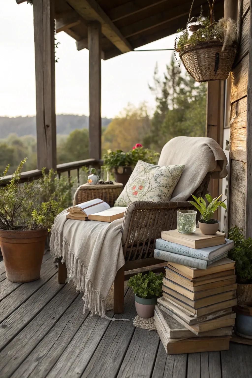 A reading corner is a flawless retreat on this countryside deck.