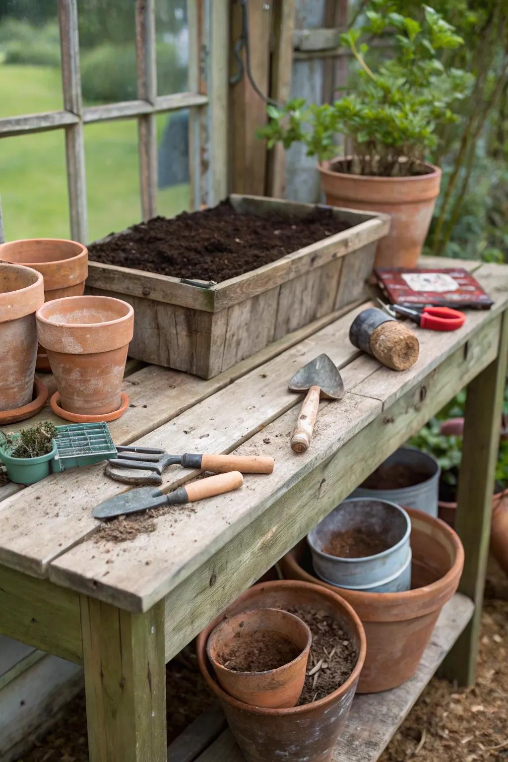 A countryside planting station ready for gardening tasks.