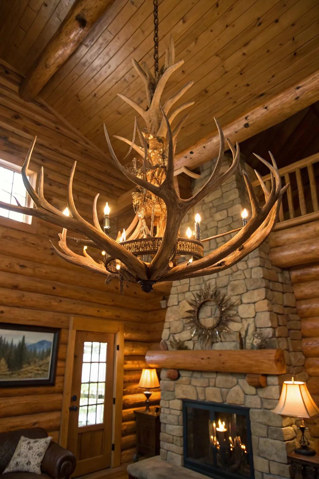 Antler-inspired lighting adds a unique charm to this Country lodge.