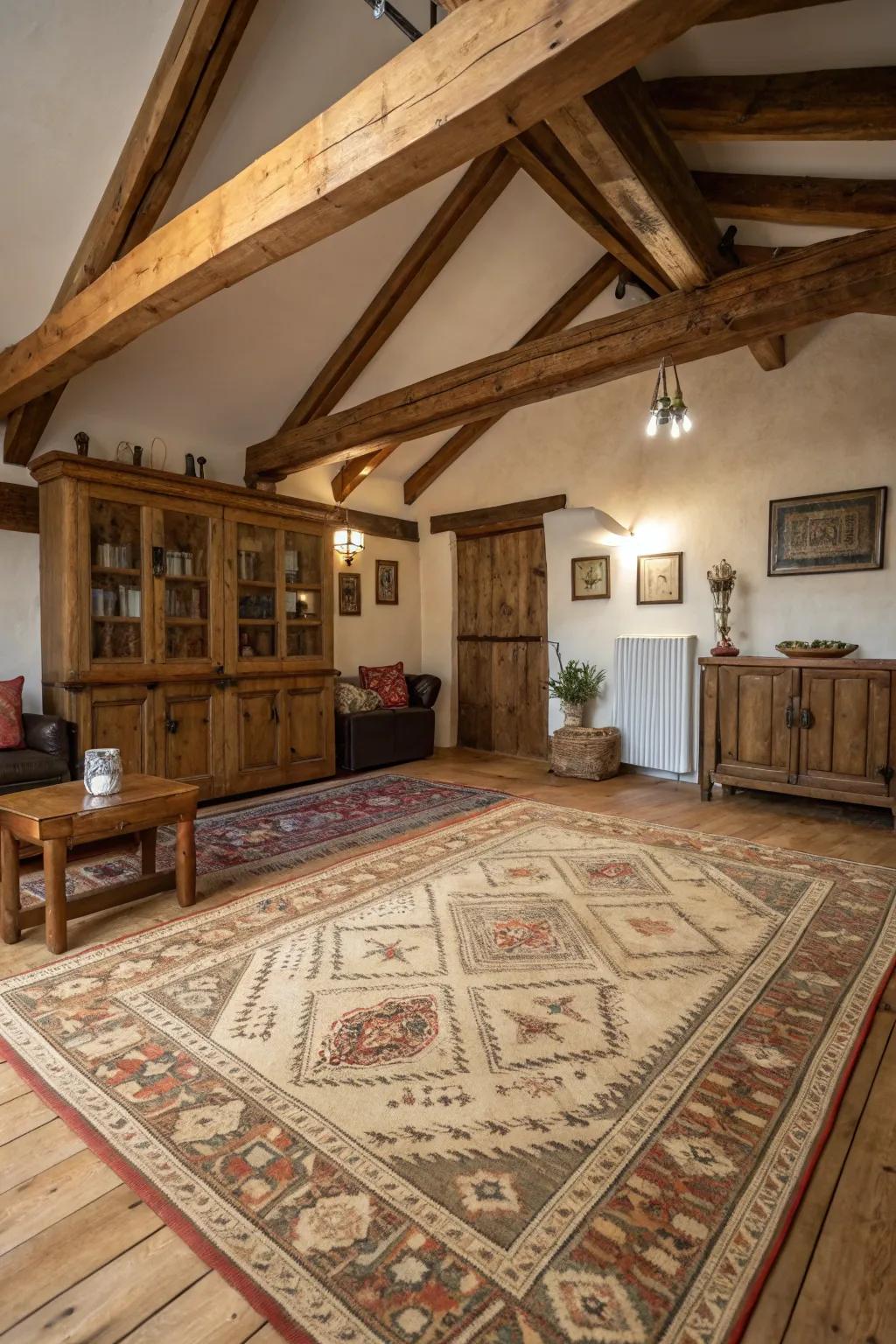 A period floor covering adds warmth and texture to this rustic space.