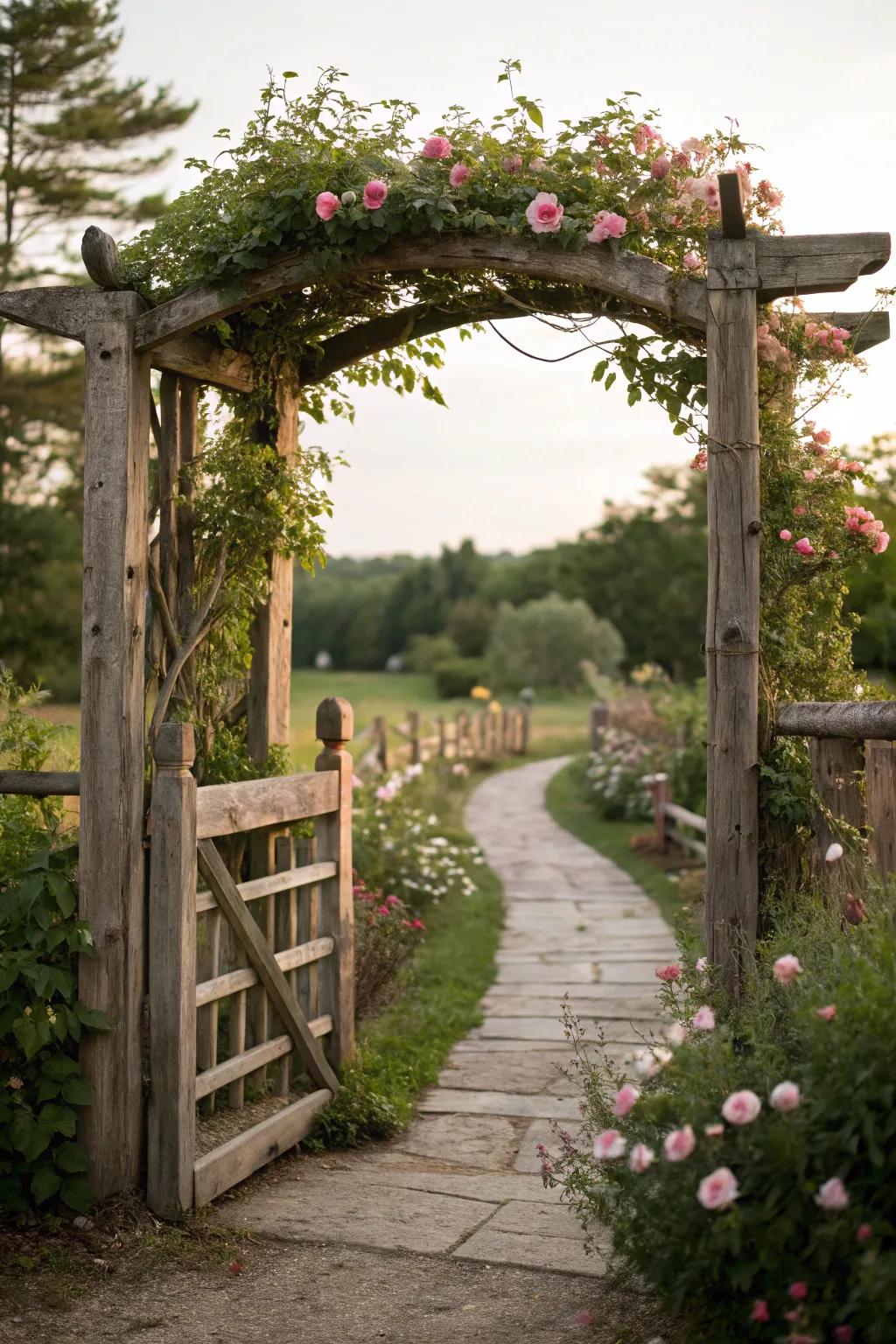 A rustic archway over a split rail fence entrance creates a welcoming focal point.
