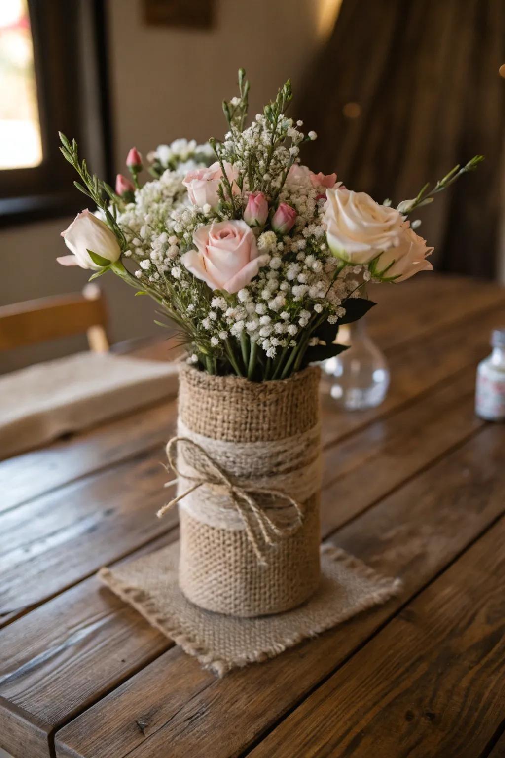 Burlap-entwined vases amplify texture and evoke homespun charm.