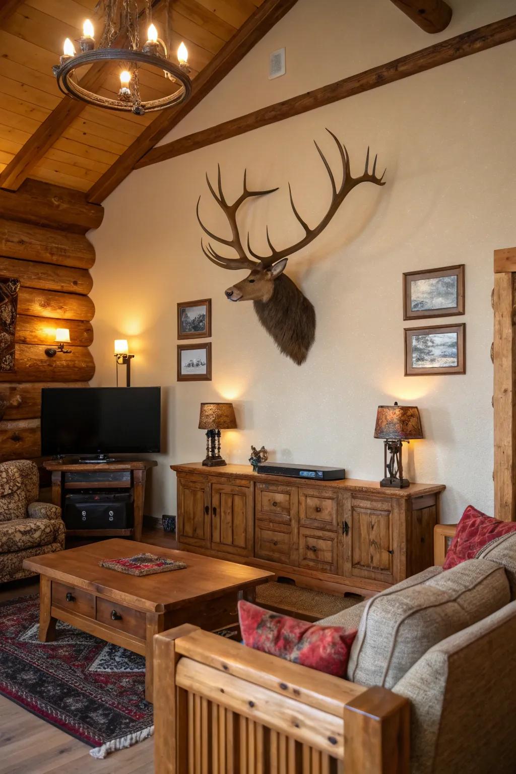 A faux horn fixture serves as a striking statement piece in countryside design.