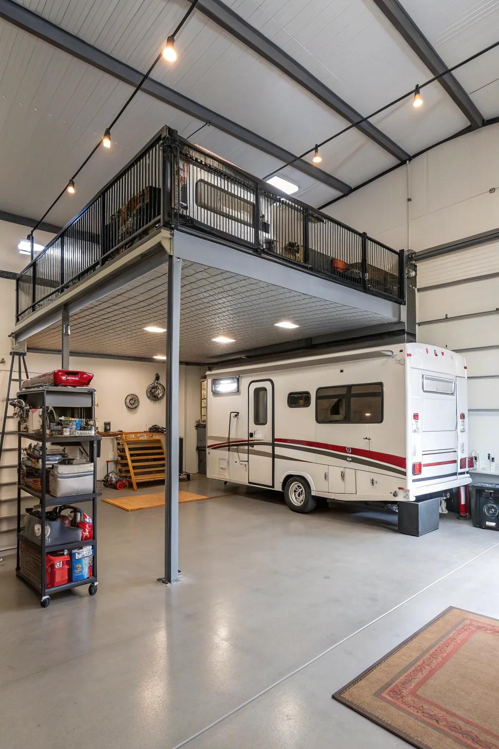 The RV garage makes efficient use of vertical space with a mezzanine.