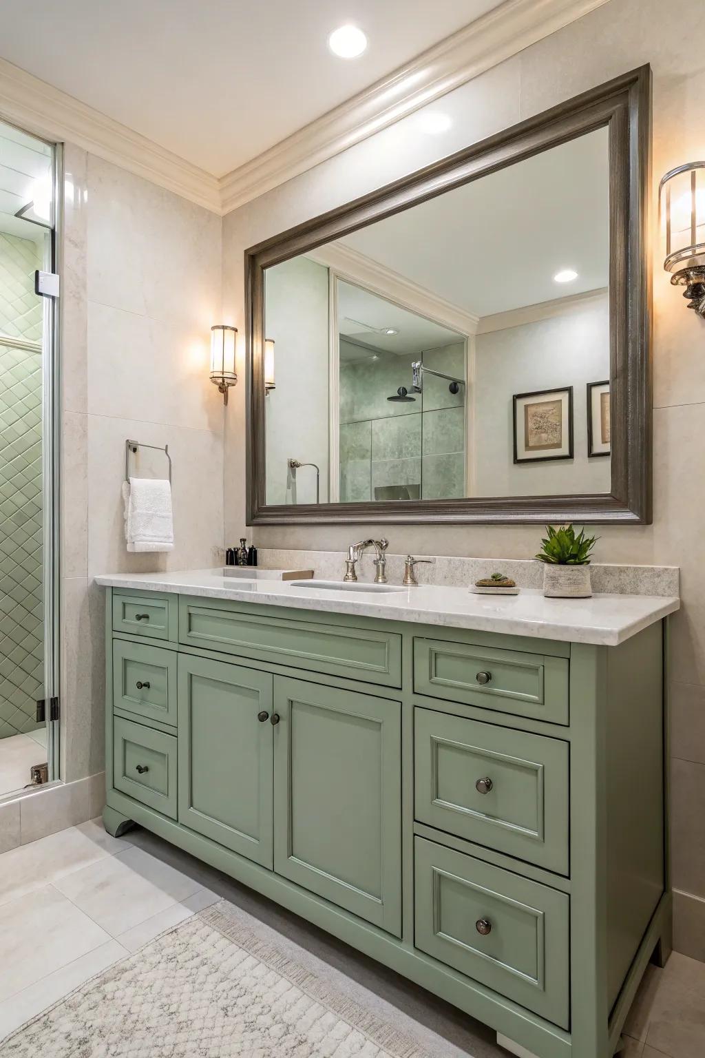 A spacious bathroom with a large reflection that complements a sage green vanity.