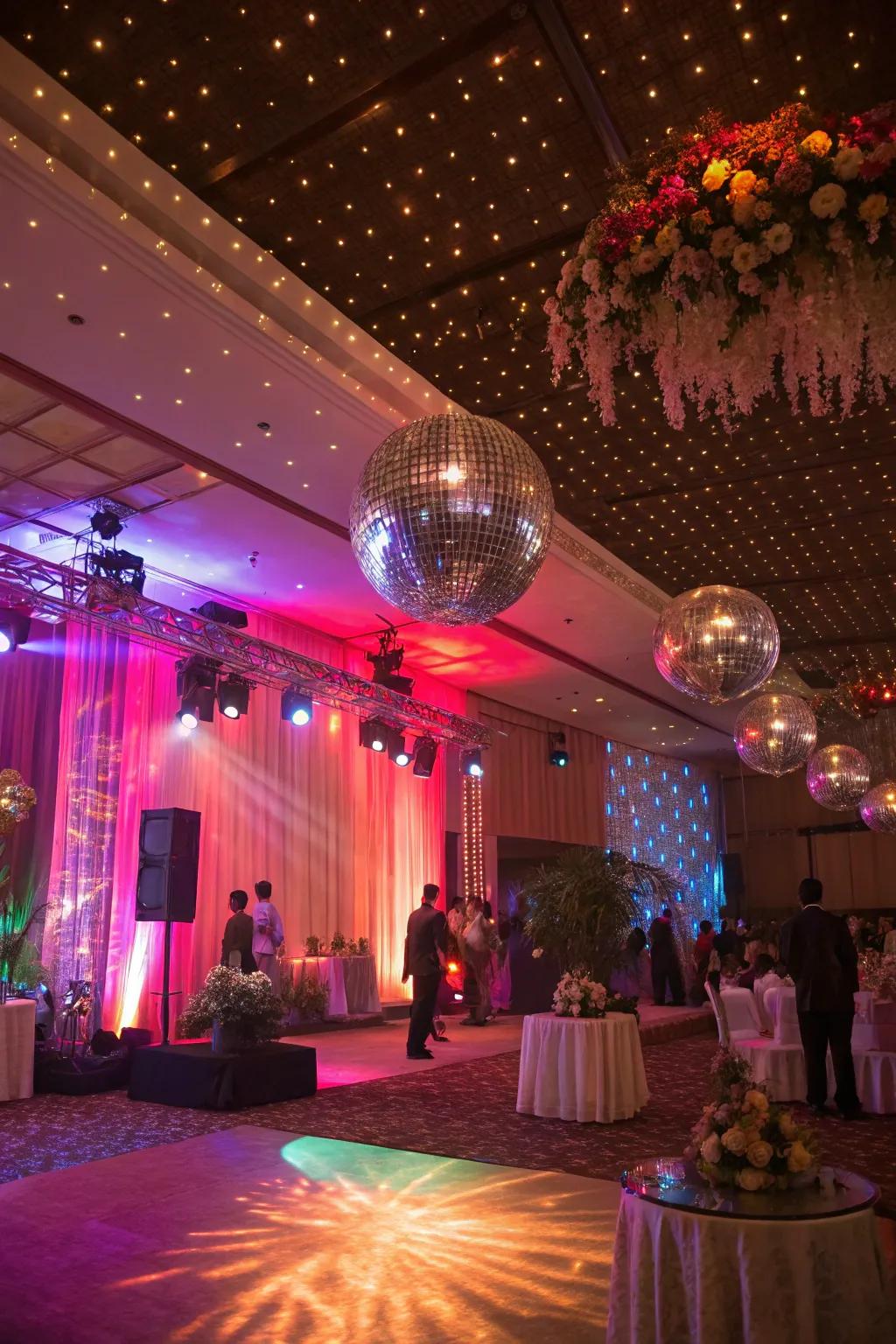 Dance floor balls and energetic lighting for retro feels.