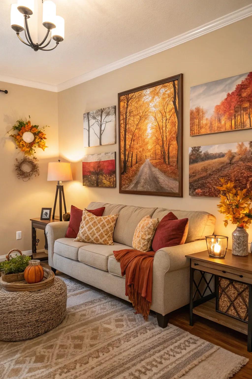 A lounge area exhibiting seasonal wall art swaps featuring warm tones